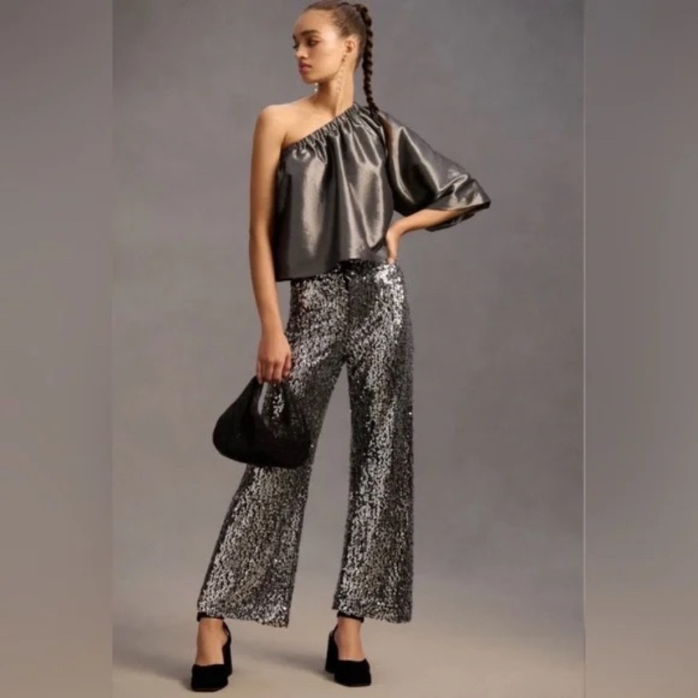 NWT Maeve Anthropologie Colette Cropped Wide Leg Sequin Pants Size 28 $198 - Picture 2 of 7